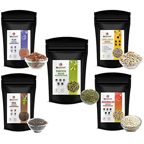 Bralcon Seeds Combo Of Chia, Watermelon, Pumpkin, Sunflower, Flax Seeds - 500G (5 X 100G Each Pack) | Unroasted Mix Seeds For Eating With Omega 3 And Rich In Fiber, Protein For Weight Loss