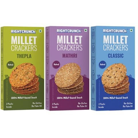 Rightcrunch Millet Crackers Gluten Free & Baked With High Protein & Fibre. Pack Of 3 Flavours - Classic, Mathri & Thepla Healthy Crackers. Healthy Chai Time Snacks, 300G.