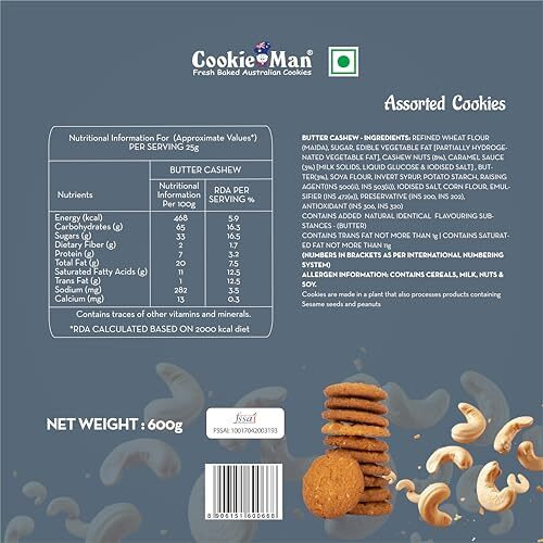 Cookieman Butter Cashew Cookies  600G Tin Box | Eggless Butter Cookies With Cashews, Freshly Baked For Snacking, Perfect For Gifting & Family Sharing