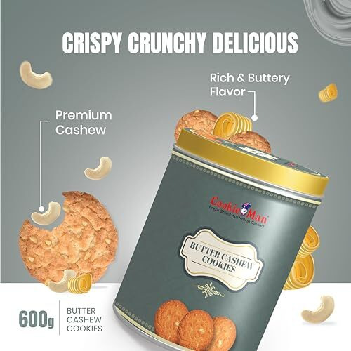 Cookieman Butter Cashew Cookies  600G Tin Box | Eggless Butter Cookies With Cashews, Freshly Baked For Snacking, Perfect For Gifting & Family Sharing