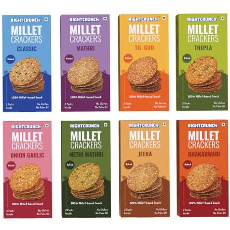 Rightcrunch Millet Crackers Gluten Free,Baked With High Protein & Fibre.Pack Of 8 Authentic Flavours-Classic,Methi Mathri,Jeera,Til-Gud,Bhakarwadi,Onion Garlic & Thepla. Healthy Chai Time Snacks,800G.