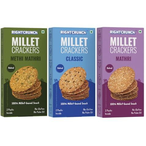 Rightcrunch Millet Crackers Gluten Free & Baked With High Protein & Fibre. Pack Of 3 Flavours - Mathri, Classic & Methi Mathri Healthy Crackers. Healthy Chai Time Snacks, 300G.