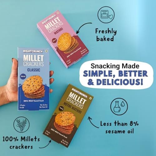 Rightcrunch Millet Crackers Gluten Free & Baked With High Protein & Fibre. Pack Of 3 Flavours - Mathri, Classic & Methi Mathri Healthy Crackers. Healthy Chai Time Snacks, 300G.