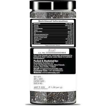 Nutrovally Chia Seeds- 700G | Chia Seeds For Weight Loss | Loaded With Omega 3, Fiber And Calcium | Rich Raw Chia Seeds For Eating, Strong Bones & Overall Health (700G Jar)