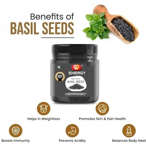 Gd Energy Basil Seeds | Sabja Seeds | Reduce Body Heat | Tukmaria Seeds For Weight Management | High In Fibre & Omega 3 (1Kg)