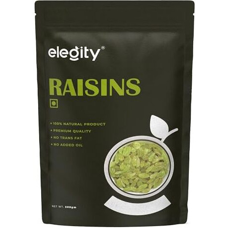 Elegity Plain Seedless Raisins Pouch 500 Gm | Dried Grapes (Kishmish) | Nutritious, Delicious Snack | Source Of Fibre In Nuts | No Preservatives In Dry Fruit