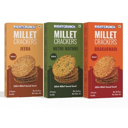 Rightcrunch Millet Crackers Gluten Free & Baked With High Protein & Fibre. Pack Of 3 Flavours- Jeera, Methi Mathri & Bhakarwadi Healthy Crackers. Healthy Chai Time Snacks, 300G.