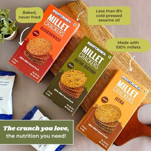 Rightcrunch Millet Crackers Gluten Free & Baked With High Protein & Fibre. Pack Of 3 Flavours- Jeera, Methi Mathri & Bhakarwadi Healthy Crackers. Healthy Chai Time Snacks, 300G.