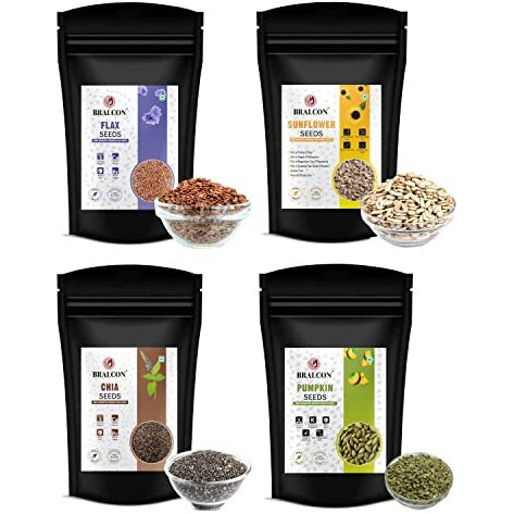 Bralcon Raw Organic Seeds Combo Of Chia Seeds, Pumpkin Seeds, Sunflower Seeds, Flax Seeds For Eating - 400G (4 X 100G Each Pack) | Ready To Eat Healthy Diet Snacks |Protein And Fiber Rich Superfood