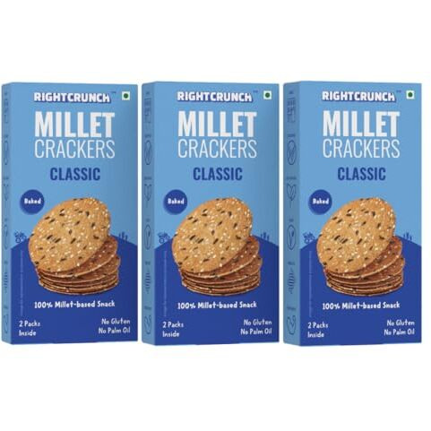 Rightcrunch Millet Crackers Gluten Free & Baked With High Protein & Fibre. Pack Of 3 Classic Flavour - Healthy Crackers, Healthy Chai Time Snacks,300G.
