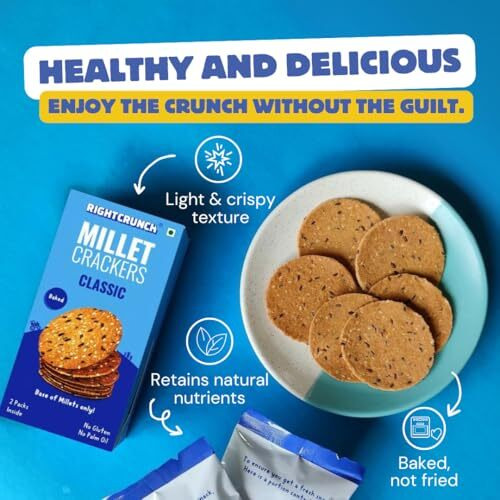 Rightcrunch Millet Crackers Gluten Free & Baked With High Protein & Fibre. Pack Of 3 Classic Flavour - Healthy Crackers, Healthy Chai Time Snacks,300G.