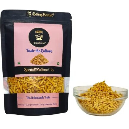 Being Bania Premium Ratlami Sev | No Palmolein Oil | No Preservatives | Fresh Indian Namkeen | Tasty Sev Bhujia Made In Groundnut Oil | 160G | Crispy Crunchy Indian Snack Namkeen