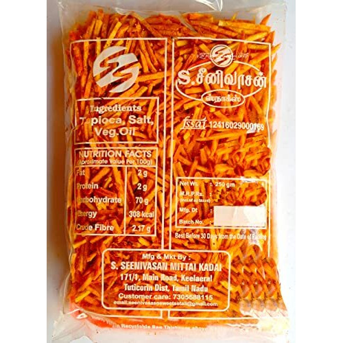 S. Seenivasan Mittai Kadai Tapioca Spicy Chips|Kappakilangu|Kappa Sticks-Pack Of 3 X 250 Gm(750 Gm)