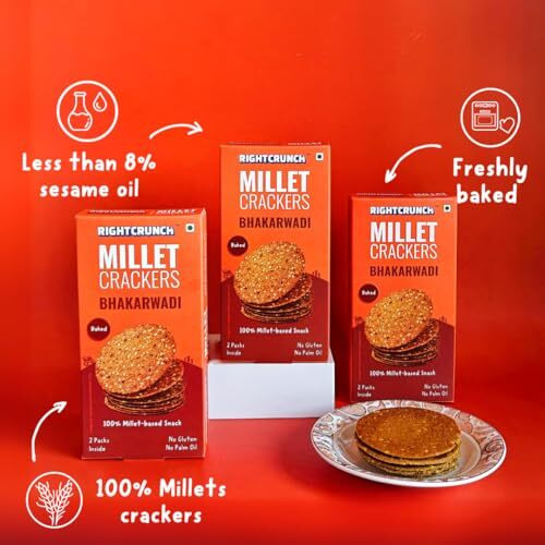 Rightcrunch Millet Crackers Gluten Free & Baked With High Protein & Fibre. Pack Of 3 Bhakarwadi Flavour - Healthy Crackers, Healthy Chai Time Snacks, 300G.