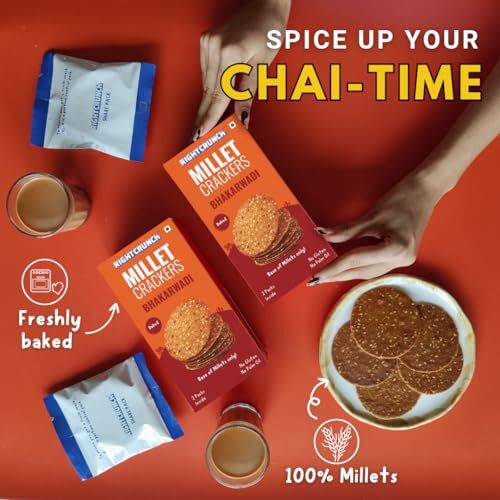 Rightcrunch Millet Crackers Gluten Free & Baked With High Protein & Fibre. Pack Of 3 Bhakarwadi Flavour - Healthy Crackers, Healthy Chai Time Snacks, 300G.