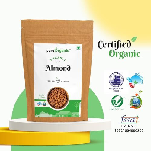 Pure Organio Organic Almonds - Raw Organic Almonds (Badam) - Npop Organic Certified (Almonds, 500 Gm)