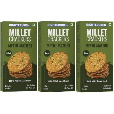 Rightcrunch Millet Crackers Gluten Free & Baked With High Protein & Fibre. Pack Of 3 Methi Mathri Flavour - Healthy Crackers, Healthy Chai Time Snacks, 300G.