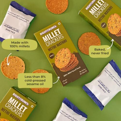 Rightcrunch Millet Crackers Gluten Free & Baked With High Protein & Fibre. Pack Of 3 Methi Mathri Flavour - Healthy Crackers, Healthy Chai Time Snacks, 300G.