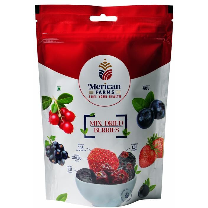 Merican Farms Premium Mix Dried Berries 200Gm (Gluten Free, Non-Gmo And Vegan) Blueberries | Strawberries | Dried Cranberries | Blackberris | Healthy Snack For Kids And Adults | Rich In Antioxidants |