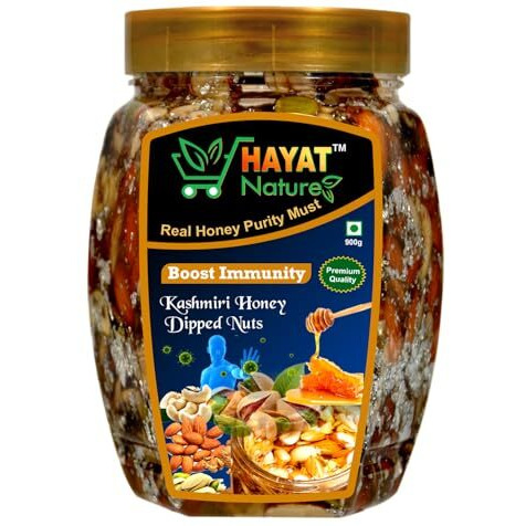 Hayat Nature Kashmiri Honey Mixed Dry Fruits&Nuts,Roasted And Crunchy With 100% Immunity&Energy Booster,Zero Chemicals&Preservatives. Pure&Natural Dry Fruits&Dipped In Organic Honey(Big_900Gm)