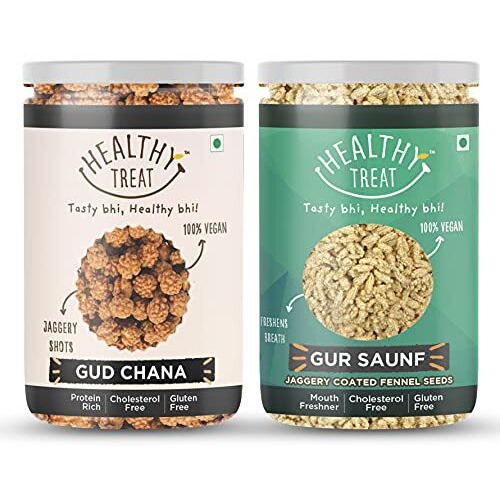 Healthy Treat Gur Chana And Gur Saunf Combo 400 Gm (Pack Of 2-200 Gm Each) | Jaggery Coated Snacks | Immunity Booster | Jaggery Saunf Mouth Fresheners & Healthy Gur Chana Snack | Perfect For Snacking Anytime