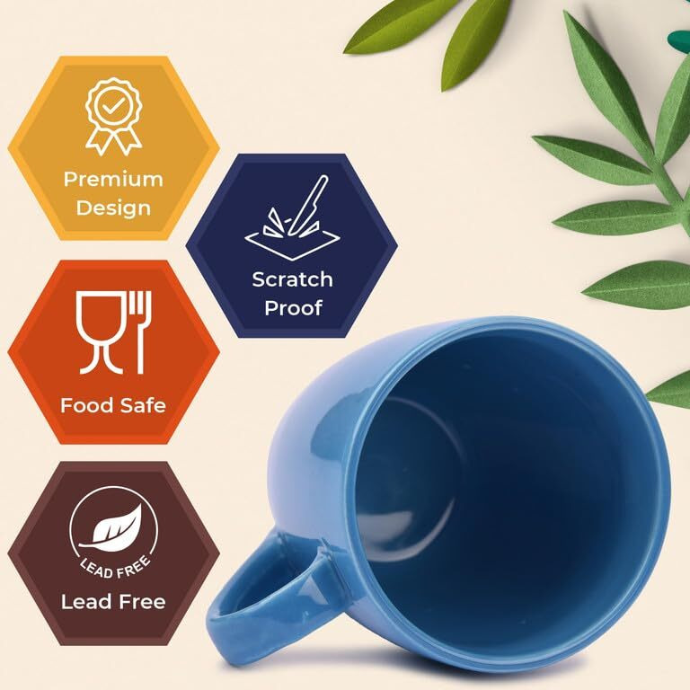 Anwaliya Ceramic Coffee Mug Set Of 6 (280Ml) Handcrafted Design Tea Cups Stackable, Chip Resistant, Large Serving Green Tea Cups, Edesia (Color May Vary)
