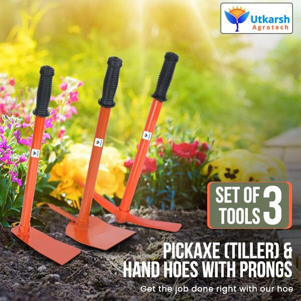 Utkarsh Heavy Duty Garden Kit | Garden Pickaxe (Tiller) & Hand Hoes With Prongs-2 Nos.|Garden Kit Essentials, Strong, Durable Steel Planter Accessories |Gardening Tools For Home Garden- Set Of 3 Tools
