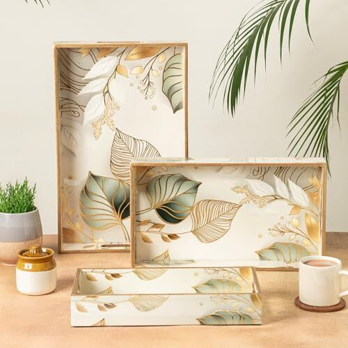 Civana Homes Wooden Serving Tray With Gold Engraving | Set Of 3 | Size  16 X 10 Inch, 14 X 8 Inch & 12 X 6 Inch | Enamel Coated Waterproof | Rectangular | Decorative Trays | White Leaf Set