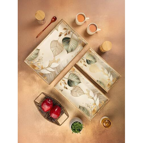 Civana Homes Wooden Serving Tray With Gold Engraving | Set Of 3 | Size  16 X 10 Inch, 14 X 8 Inch & 12 X 6 Inch | Enamel Coated Waterproof | Rectangular | Decorative Trays | White Leaf Set