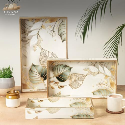 Civana Homes Wooden Serving Tray With Gold Engraving | Set Of 3 | Size  16 X 10 Inch, 14 X 8 Inch & 12 X 6 Inch | Enamel Coated Waterproof | Rectangular | Decorative Trays | White Leaf Set