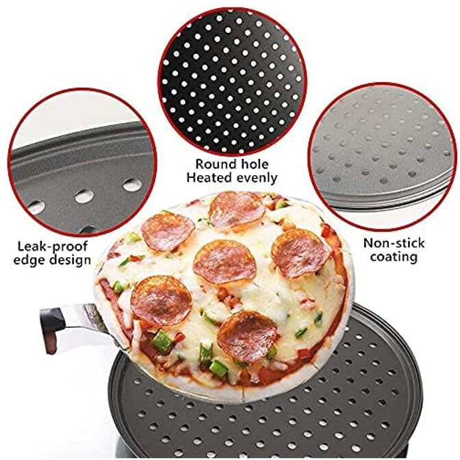 Sabichi Carbon Steel Pizza Tray For Oven, Microwave, Otg| Pizza Plates Round Surface, Non-Stick Baking|Diameter 12 Inch, Set Of 1, (Black)
