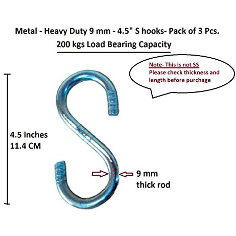 Q1 Beads 3 Pack 4.5" Inch Metal Heavy Duty 9 Mm S Hooks For Hanging Swing, Fan, Hanging In Workshop, 200 Kgs Load Cap (4.5 Inch, Chrome)