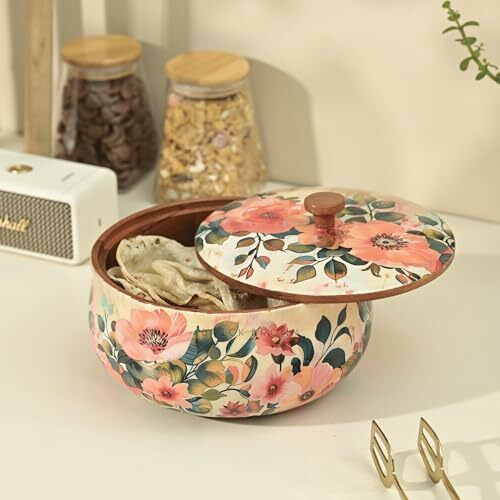 Brick Brown  Handcrafted Enamel Coated Wooden Pastel Flora Roti Box | Chapati Box For Kitchen | Hot Pot Casserole For Roti Server Tableware Serving | Case Roti Dabba With Lid (8.5  8.5  5.5 Inch)