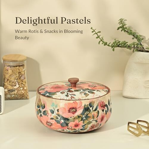 Brick Brown  Handcrafted Enamel Coated Wooden Pastel Flora Roti Box | Chapati Box For Kitchen | Hot Pot Casserole For Roti Server Tableware Serving | Case Roti Dabba With Lid (8.5  8.5  5.5 Inch)