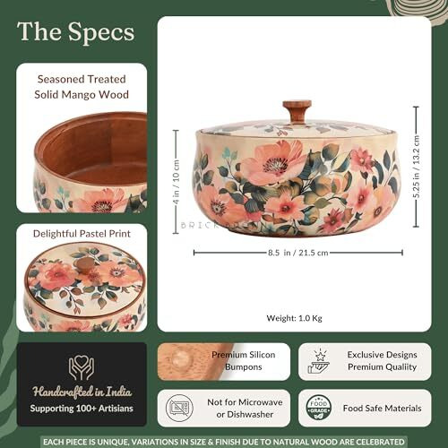 Brick Brown  Handcrafted Enamel Coated Wooden Pastel Flora Roti Box | Chapati Box For Kitchen | Hot Pot Casserole For Roti Server Tableware Serving | Case Roti Dabba With Lid (8.5  8.5  5.5 Inch)