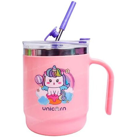 Funblast Stainless Steel Insulated Mug With Lid & Straw For Kids - Milk Drinking, Coffee Cup For Girls - Vacuum Insulated - Birthday Return Gifts (400 Ml, Multicolor)