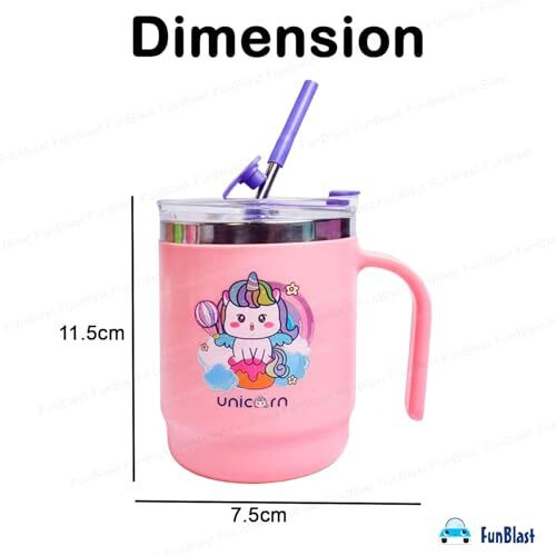 Funblast Stainless Steel Insulated Mug With Lid & Straw For Kids - Milk Drinking, Coffee Cup For Girls - Vacuum Insulated - Birthday Return Gifts (400 Ml, Multicolor)