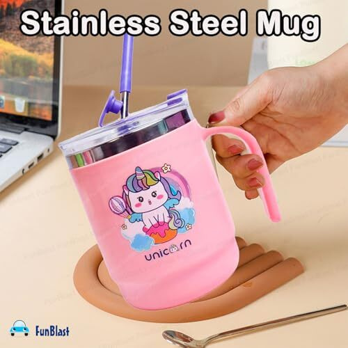 Funblast Stainless Steel Insulated Mug With Lid & Straw For Kids - Milk Drinking, Coffee Cup For Girls - Vacuum Insulated - Birthday Return Gifts (400 Ml, Multicolor)