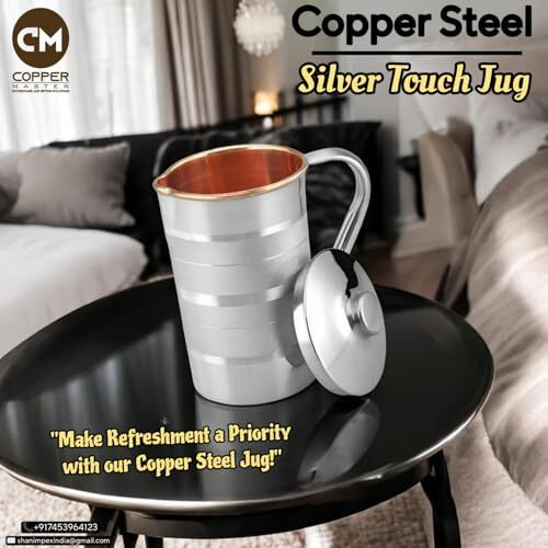 Copper-Master Handmade1.6 Litre Thermosteel Water Jug For Healthy Hydration | Copper Steel Water Jug With Stainless Steel Outer And Inside | Pure Copper With Many Ayurvedic Health Benefits(1500Ml)