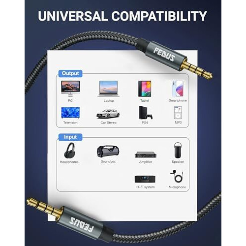 Fedus 3.5 Mm To 3.5 Mm Male To Male Aux To Aux Audio Cable Cord With Microphone Nylon Braided Trrs 4 Pole Stereo Audio Cord Aux Cable For Car, Aux Cable For Speakers, Earphone Headphone, Phone 1 Meter