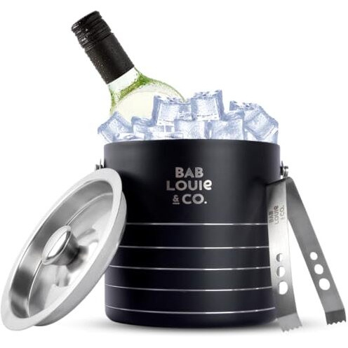 Bab Louie & Co. Double-Wall 1.8 L Insulated Stainless Steel Ice Bucket With Tong For Cocktail Bar, Elegant Black Ice Bucket For Cocktail Bar, Ice Buckets For Parties With Lid