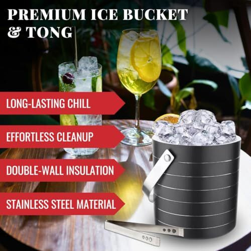 Bab Louie & Co. Double-Wall 1.8 L Insulated Stainless Steel Ice Bucket With Tong For Cocktail Bar, Elegant Black Ice Bucket For Cocktail Bar, Ice Buckets For Parties With Lid
