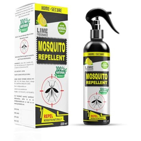 Home-Secure Herbal Mosquito Repellent-220 Ml With Lime Fregrance| Natural Mosquito Killer Spray | Pet Safe, Kids Safe | Non-Toxic, Eco Friendly, Chemical Free | Made With Plant Oils