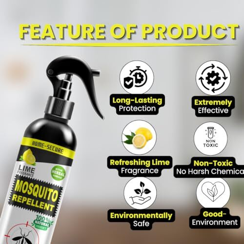 Home-Secure Herbal Mosquito Repellent-220 Ml With Lime Fregrance| Natural Mosquito Killer Spray | Pet Safe, Kids Safe | Non-Toxic, Eco Friendly, Chemical Free | Made With Plant Oils