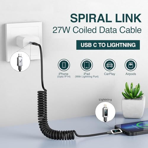 Wayona Type C To Lightning 27W Fast Charging Carplay Coiled Usb C Cable For Iphone 14,14 Pro,14 Pro Max, Iphone 13 Series,12,12 Pro,11,11 Pro Max Iphone 12 Mini, X, 8