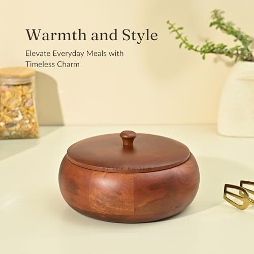 Brick Brown Handcrafted Premium Mahogany Finish Roti Casserole For Kitchen | Round Hot Pot, Roti Dabba With Lid | Casserole, 8.8X8.8X4.3 Inch,Brown,1640 Ml,Wood
