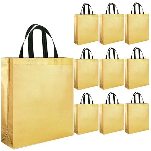 Evafly Gift Bag Medium Size Pack Of 10  L13 X W12 X D4 Inch|Resuable Non-Woven Shiny Metallic Laminated|Haldi Return Gifts, Jute Bags For Return Gift,Return Gift For Birthday - Golden