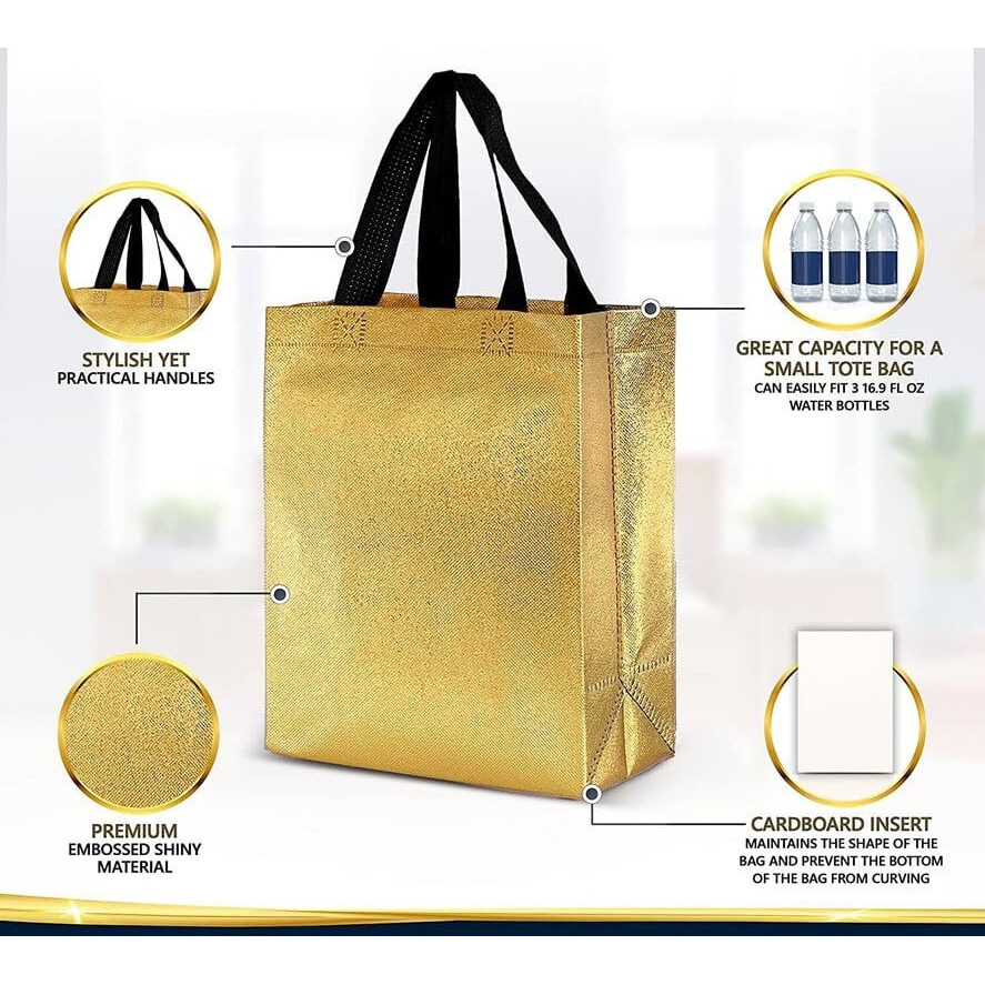 Evafly Gift Bag Medium Size Pack Of 10  L13 X W12 X D4 Inch|Resuable Non-Woven Shiny Metallic Laminated|Haldi Return Gifts, Jute Bags For Return Gift,Return Gift For Birthday - Golden