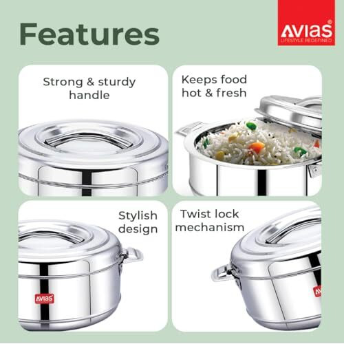 Avias Astra Double Wall Insulated Stainless Steel Casserole, 2500Ml Hot Box For Kitchen, Hot Case With Steel Lid, Silver Hot Pot For Roti-Rice-Gravy, Chapathi Box, Twisted Lock, 2.5L