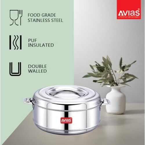 Avias Astra Double Wall Insulated Stainless Steel Casserole, 2500Ml Hot Box For Kitchen, Hot Case With Steel Lid, Silver Hot Pot For Roti-Rice-Gravy, Chapathi Box, Twisted Lock, 2.5L